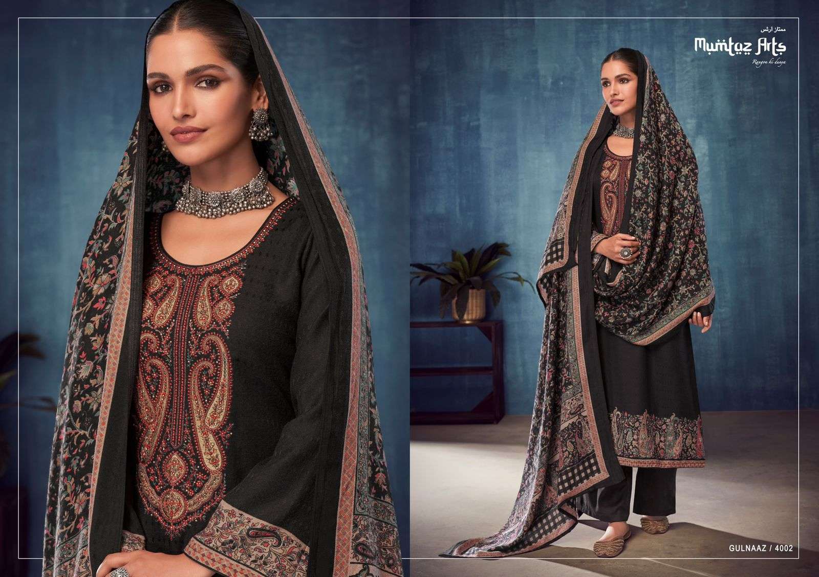 MUMTAZ ARTS GULNAAZ DESIGNER EMBROIDERY WITH TWILL PASHMINA PRINTED WINTER WEAR SUITS IN WHOLESALE RATE 