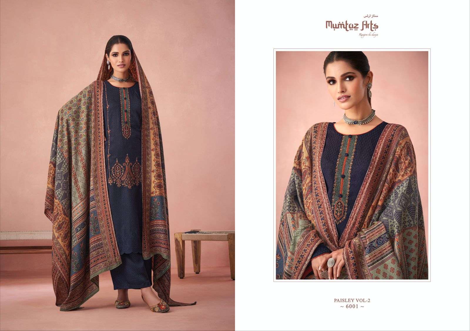MUMTAZ ARTS PAISLEY VOL 2 DESIGNER SCHIFFLI WORK WITH EMBROIDERY WORK AND PASHMINA PRINTED WINTER WEAR SUITS IN WHOLESALE RATE 