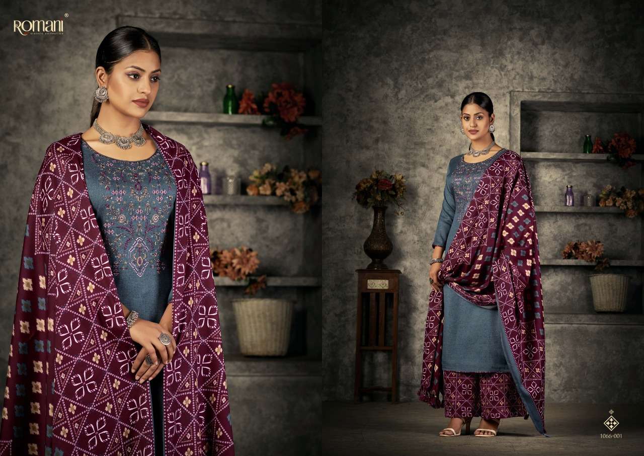 ROMANI PATIALA DREAMS DESIGNER EMBROIDERY WORK WITH PASHMINA PRINTED WINTER WEAR SUITS IN WHOLESALE RATE 