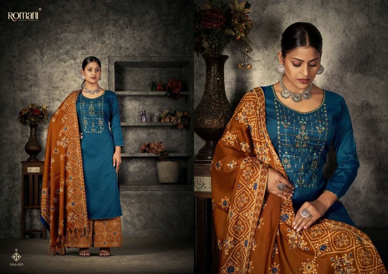 ROMANI PATIALA DREAMS DESIGNER EMBROIDERY WORK WITH PASHMINA PRINTED WINTER WEAR SUITS IN WHOLESALE RATE 