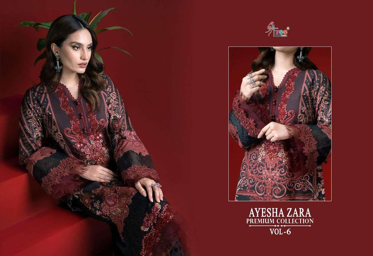 SHREE FAB AYESHA ZARA PREMIUM COLLECTION VOL 6 DESIGNER EMBROIDERY WORK WITH COTTON PRINTED SUITS IN WHOLESALE RATE 