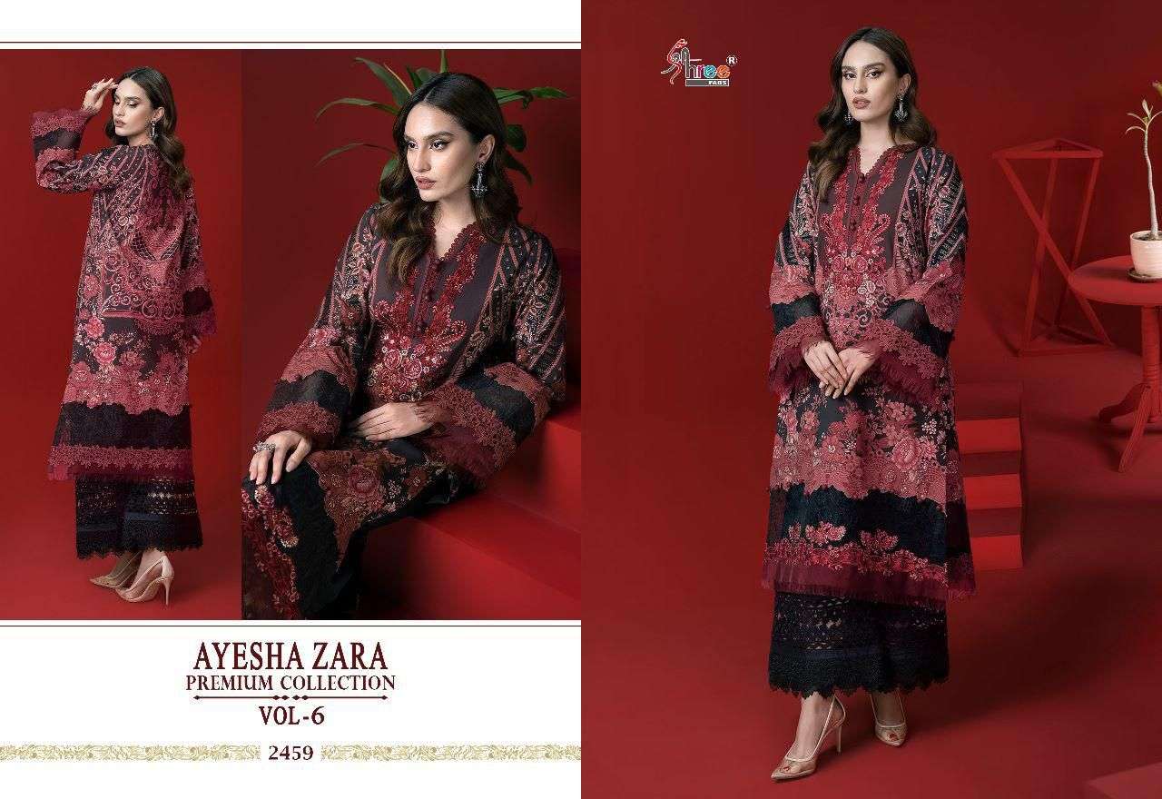 SHREE FAB AYESHA ZARA PREMIUM COLLECTION VOL 6 DESIGNER EMBROIDERY WORK WITH COTTON PRINTED SUITS IN WHOLESALE RATE 