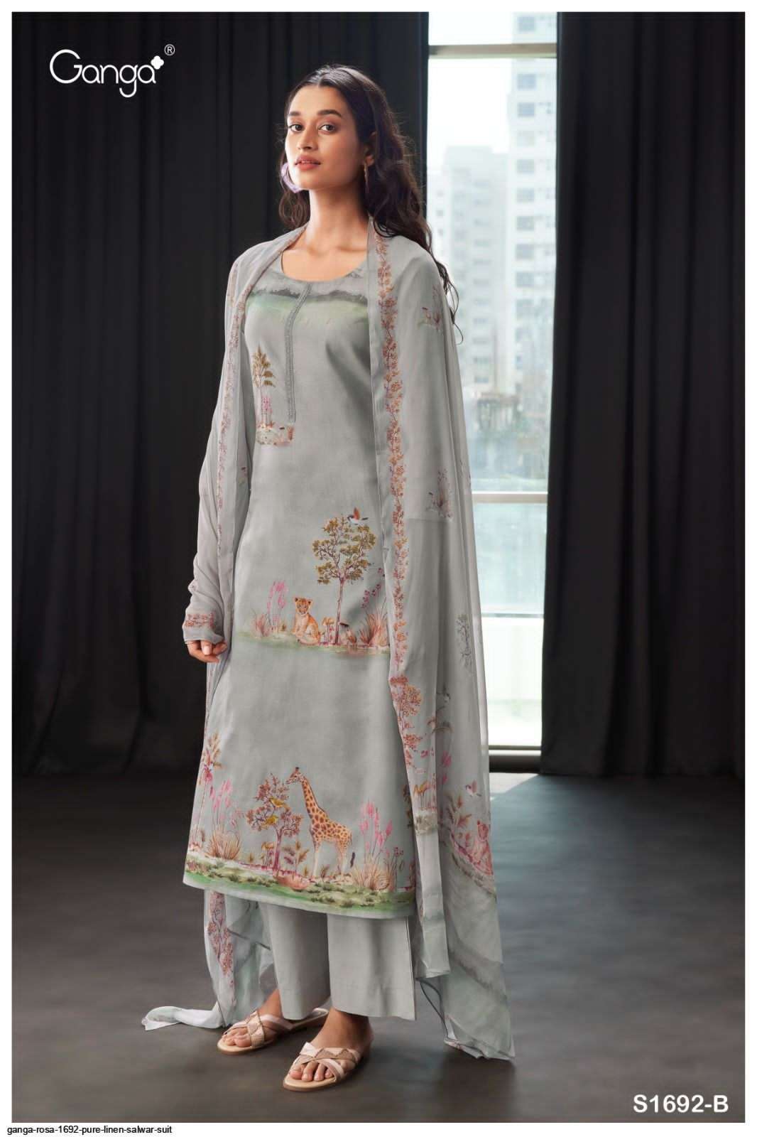 GANGA ROSA 1692 DESIGNER LINEN PRINTED EMBROIDERY AND HANDWORK HEAVY SUITS WHOLESALE 
