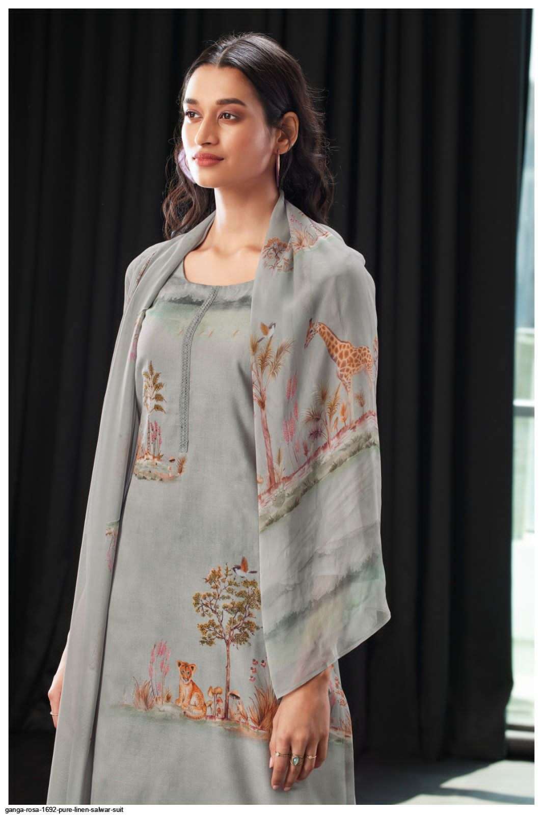 GANGA ROSA 1692 DESIGNER LINEN PRINTED EMBROIDERY AND HANDWORK HEAVY SUITS WHOLESALE 